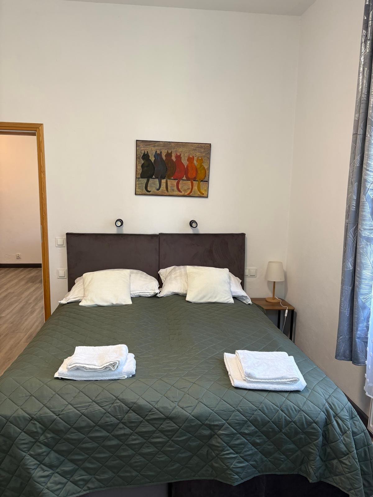 Willa Pod Platanem Bytów — Apartament nr 4 — sypialnia z zieloną narzutą