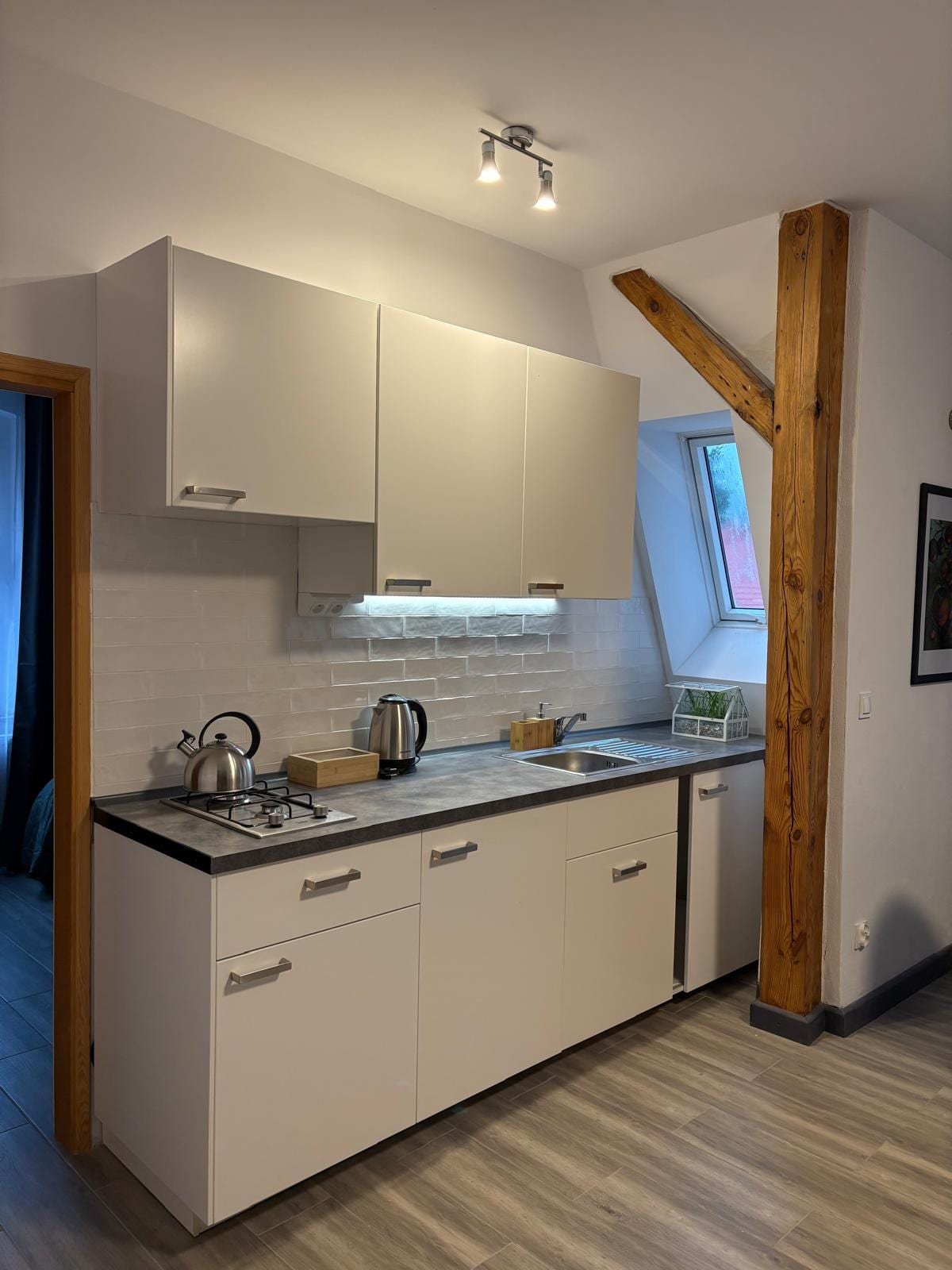 Apartament nr 5 — aneks kuchenny z czajnikiem, Willa Pod Platanem Bytów